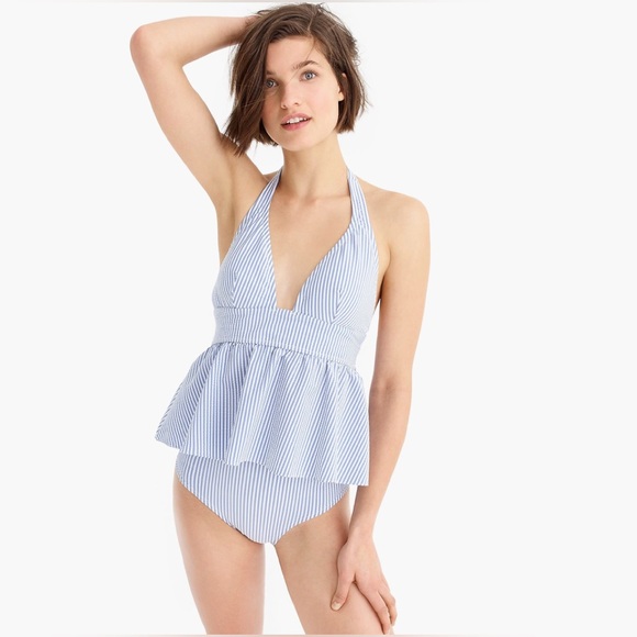 J Crew stripped halter peplum Seersucker Tankini high waisted